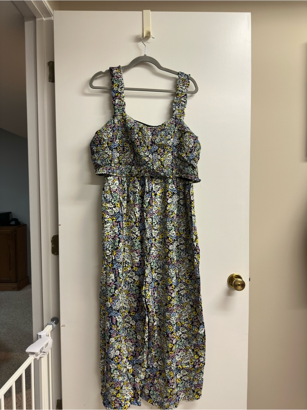 Maternity Seraphine Floral Tiered Jumpsuit in Blue, Yellow, White